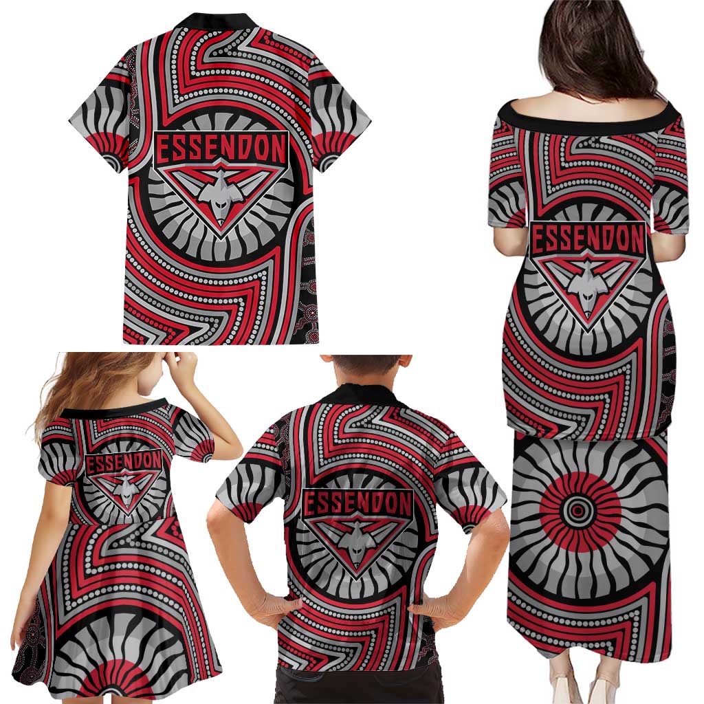 Essendon Football Club Family Matching Puletasi and Hawaiian Shirt Indigenous Monochrome Dot Art Mascot Style
