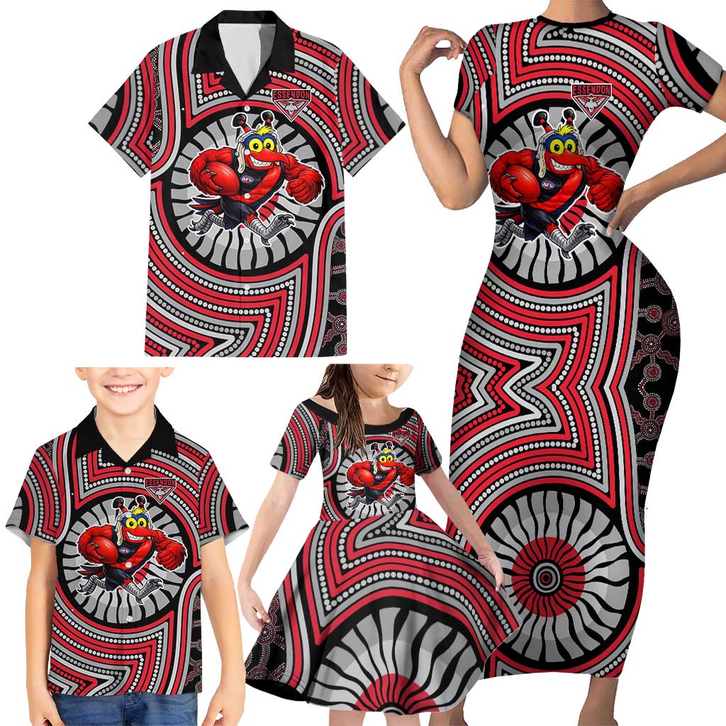 Essendon Football Club Family Matching Short Sleeve Bodycon Dress and Hawaiian Shirt Indigenous Monochrome Dot Art Mascot Style