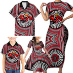 Essendon Football Club Family Matching Short Sleeve Bodycon Dress and Hawaiian Shirt Indigenous Monochrome Dot Art Mascot Style