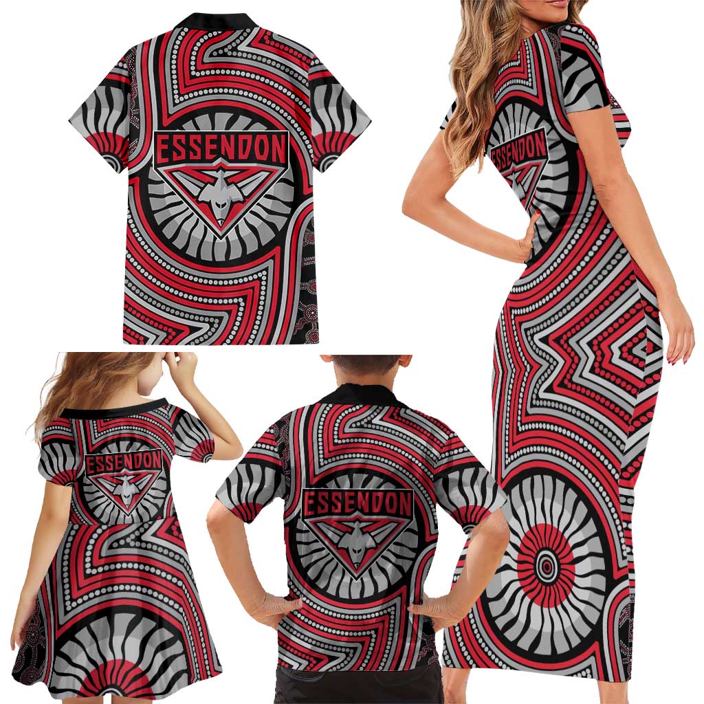 Essendon Football Club Family Matching Short Sleeve Bodycon Dress and Hawaiian Shirt Indigenous Monochrome Dot Art Mascot Style