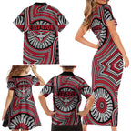 Essendon Football Club Family Matching Short Sleeve Bodycon Dress and Hawaiian Shirt Indigenous Monochrome Dot Art Mascot Style
