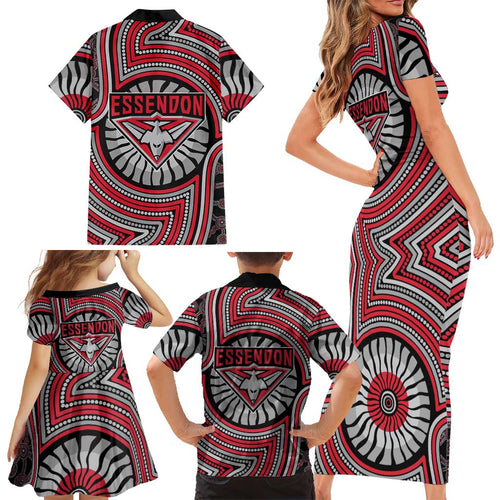 Essendon Football Club Family Matching Short Sleeve Bodycon Dress and Hawaiian Shirt Indigenous Monochrome Dot Art Mascot Style