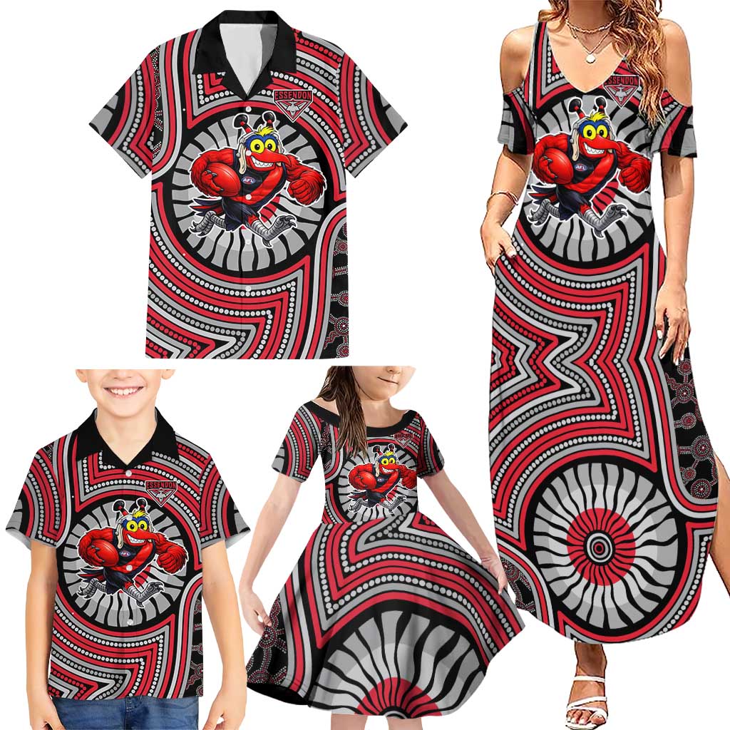 Essendon Football Club Family Matching Summer Maxi Dress and Hawaiian Shirt Indigenous Monochrome Dot Art Mascot Style