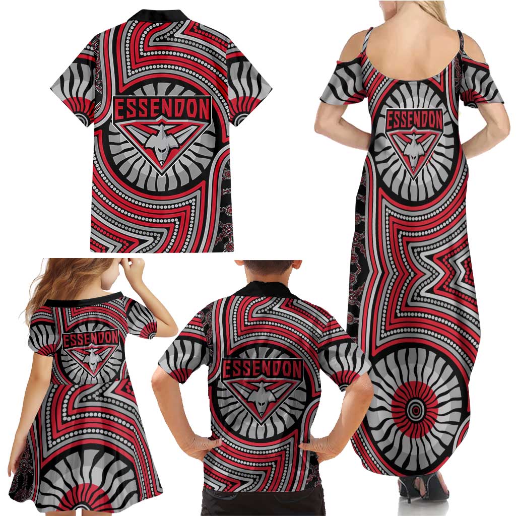 Essendon Football Club Family Matching Summer Maxi Dress and Hawaiian Shirt Indigenous Monochrome Dot Art Mascot Style