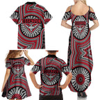 Essendon Football Club Family Matching Summer Maxi Dress and Hawaiian Shirt Indigenous Monochrome Dot Art Mascot Style