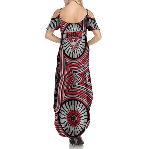 Essendon Football Club Family Matching Summer Maxi Dress and Hawaiian Shirt Indigenous Monochrome Dot Art Mascot Style