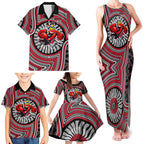 Essendon Football Club Family Matching Tank Maxi Dress and Hawaiian Shirt Indigenous Monochrome Dot Art Mascot Style