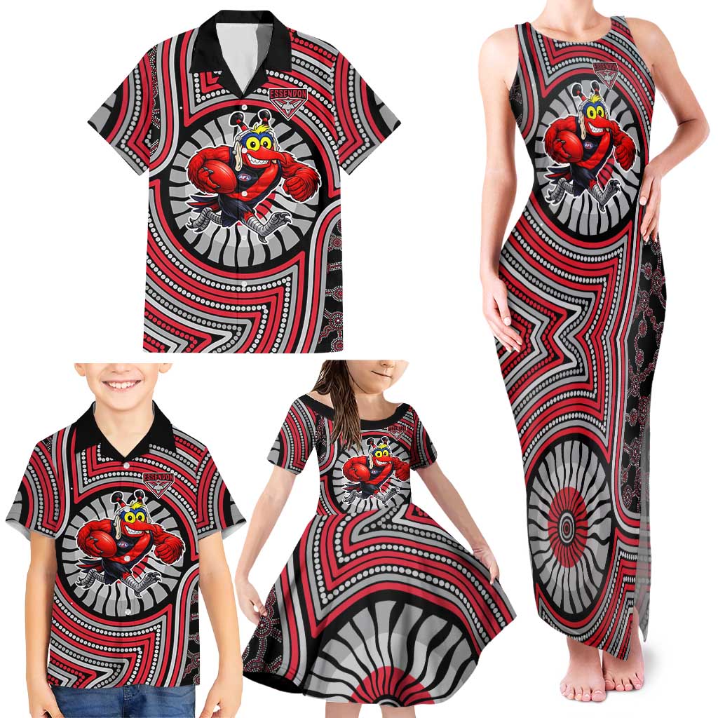 Essendon Football Club Family Matching Tank Maxi Dress and Hawaiian Shirt Indigenous Monochrome Dot Art Mascot Style
