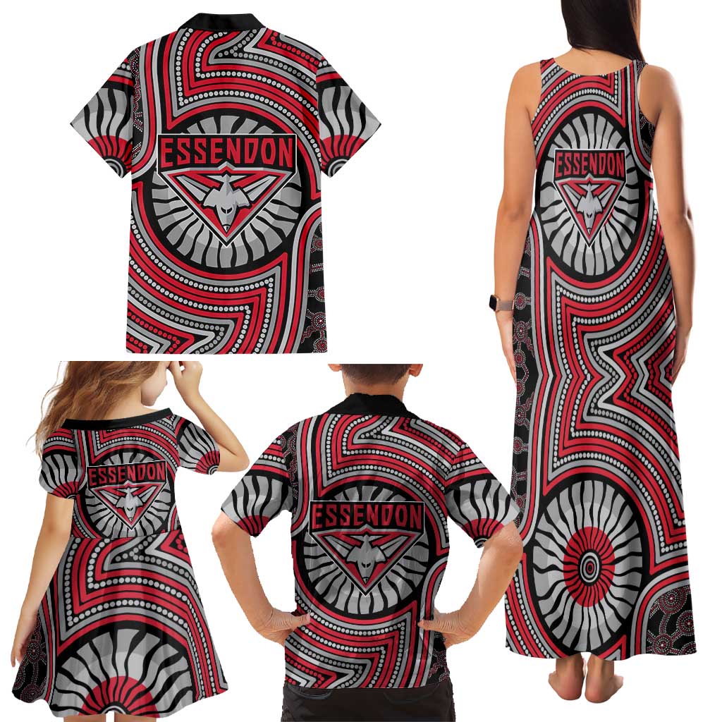 Essendon Football Club Family Matching Tank Maxi Dress and Hawaiian Shirt Indigenous Monochrome Dot Art Mascot Style