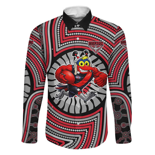 Essendon Football Club Family Matching Tank Maxi Dress and Hawaiian Shirt Indigenous Monochrome Dot Art Mascot Style