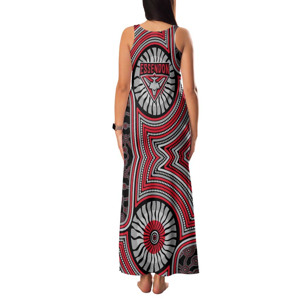 Essendon Football Club Family Matching Tank Maxi Dress and Hawaiian Shirt Indigenous Monochrome Dot Art Mascot Style