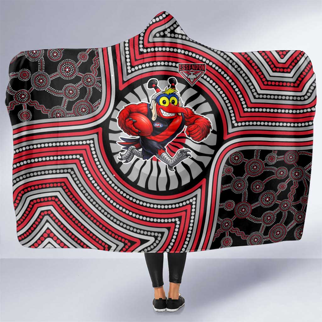 Essendon Football Club Hooded Blanket Indigenous Monochrome Dot Art Mascot Style