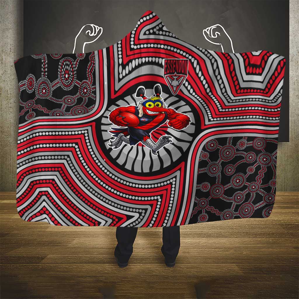 Essendon Football Club Hooded Blanket Indigenous Monochrome Dot Art Mascot Style