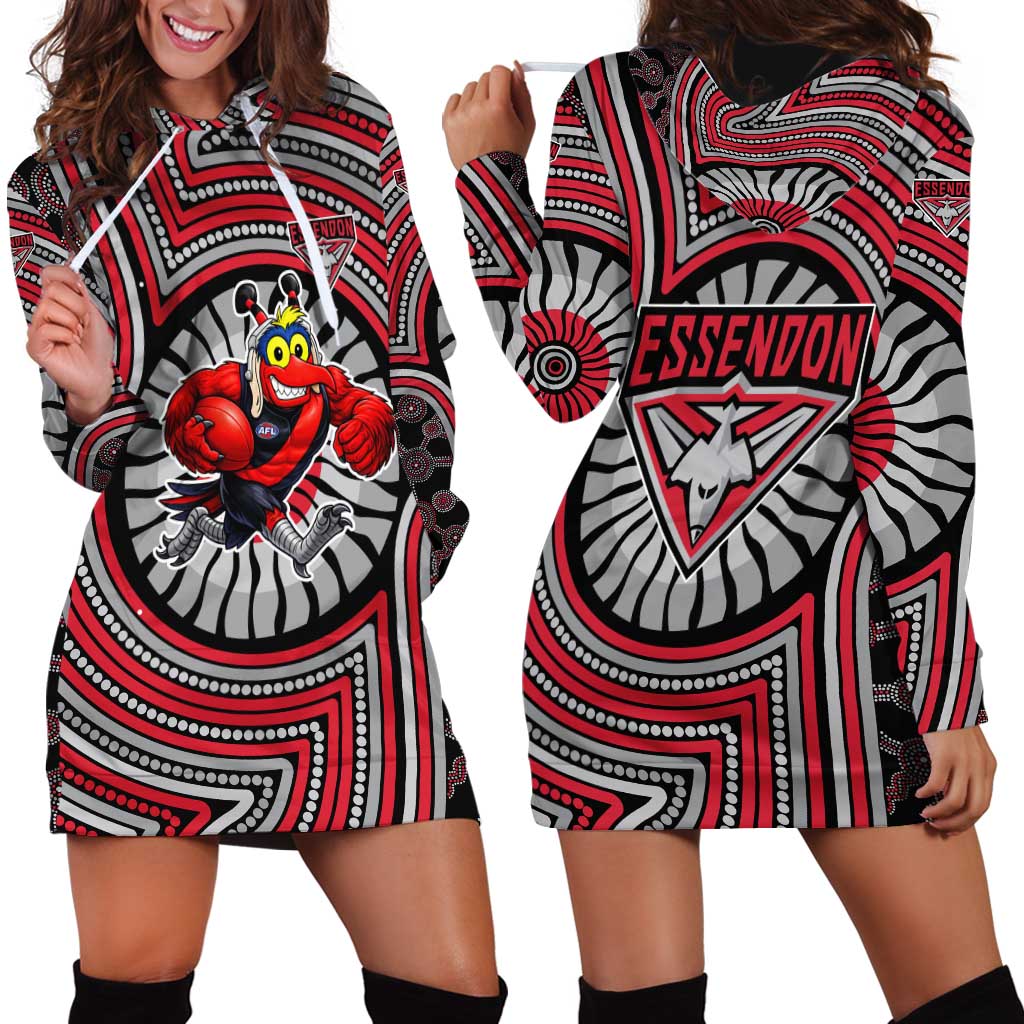 Essendon Football Club Hoodie Dress Indigenous Monochrome Dot Art Mascot Style
