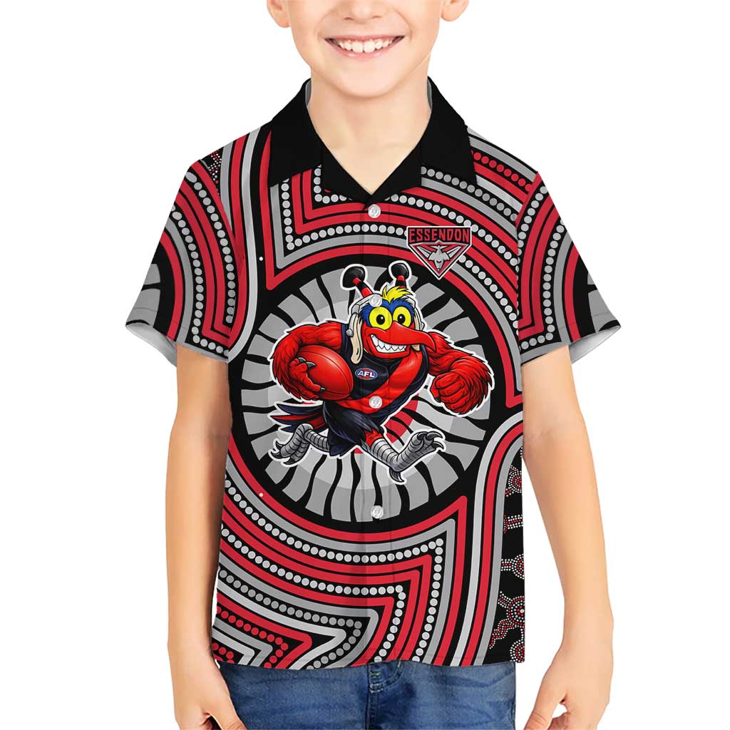 Essendon Football Club Kid Hawaiian Shirt Indigenous Monochrome Dot Art Mascot Style