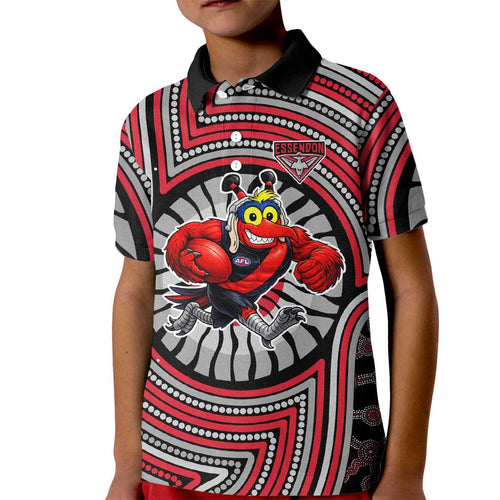 Essendon Football Club Kid Polo Shirt Indigenous Monochrome Dot Art Mascot Style