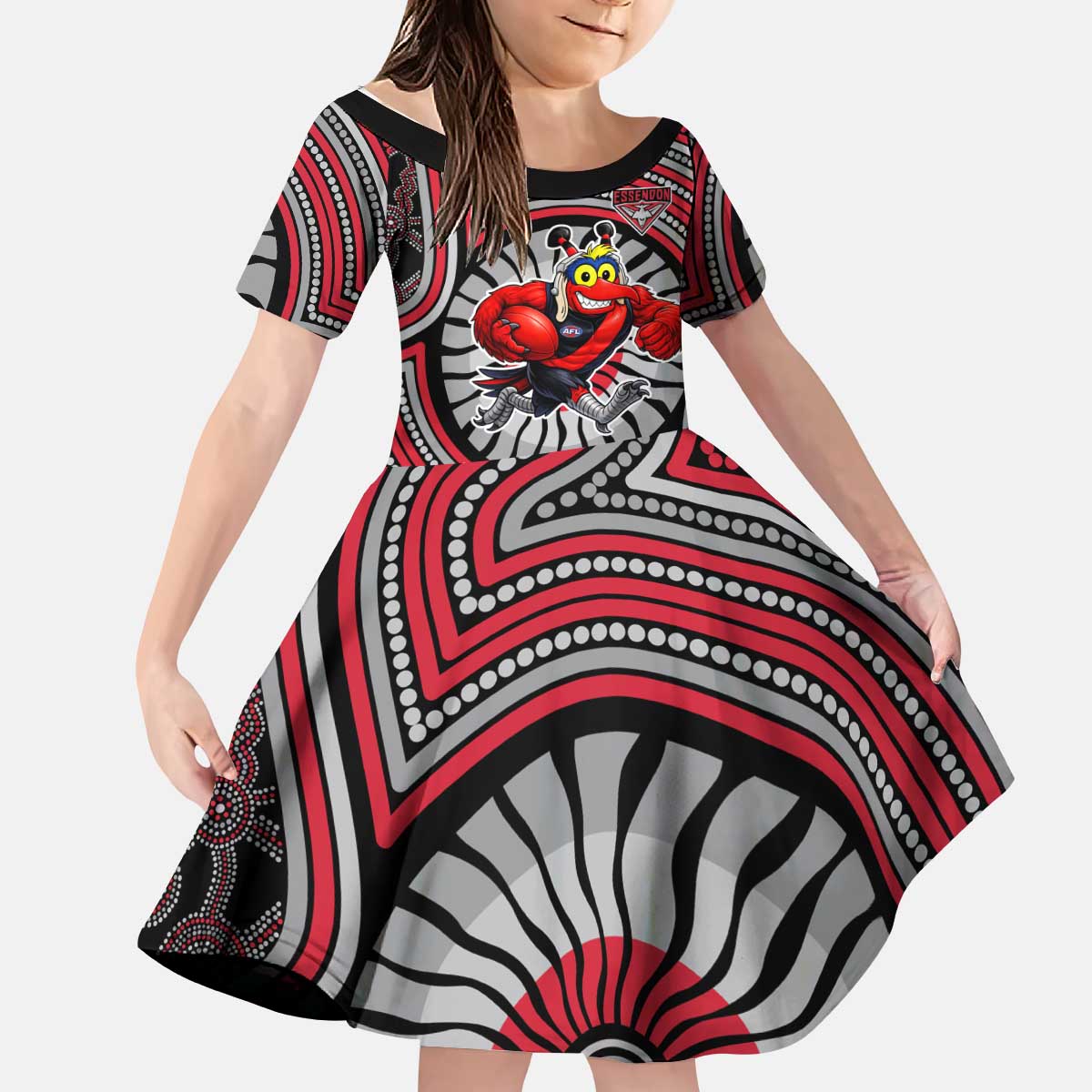 Essendon Football Club Kid Short Sleeve Dress Indigenous Monochrome Dot Art Mascot Style