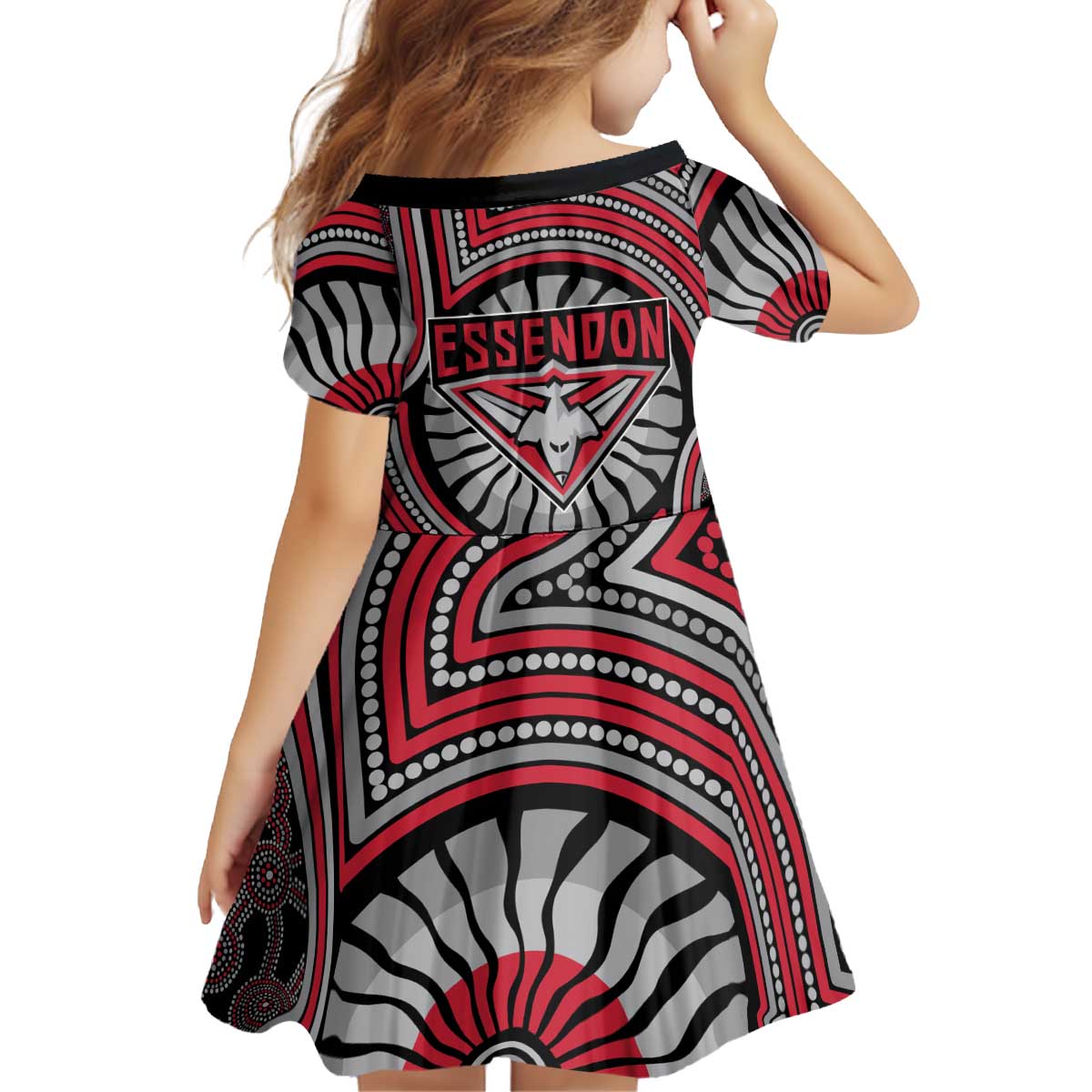 Essendon Football Club Kid Short Sleeve Dress Indigenous Monochrome Dot Art Mascot Style