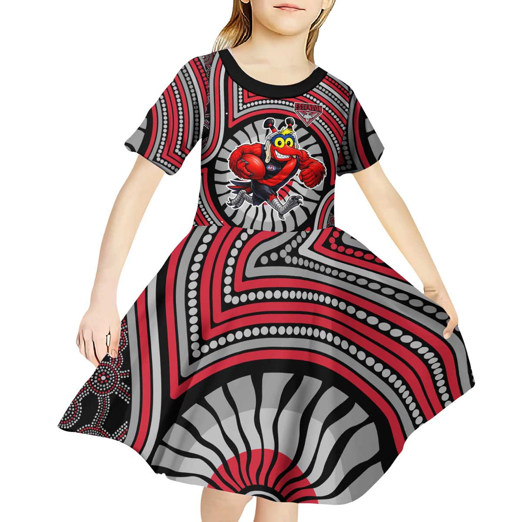 Essendon Football Club Kid Short Sleeve Dress Indigenous Monochrome Dot Art Mascot Style