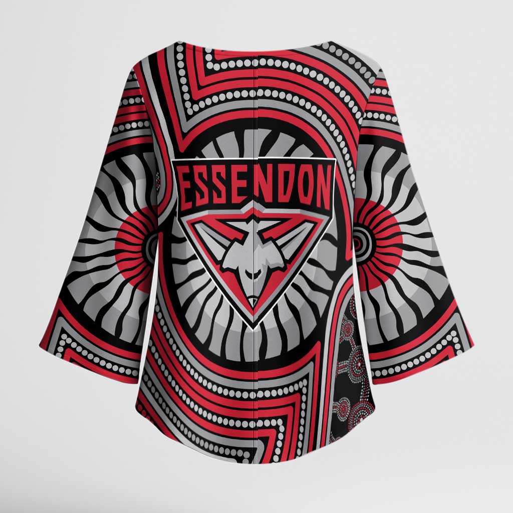 Essendon Football Club Kimono Sleeve Blouse Indigenous Monochrome Dot Art Mascot Style