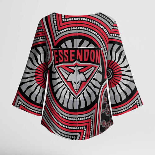 Essendon Football Club Kimono Sleeve Blouse Indigenous Monochrome Dot Art Mascot Style