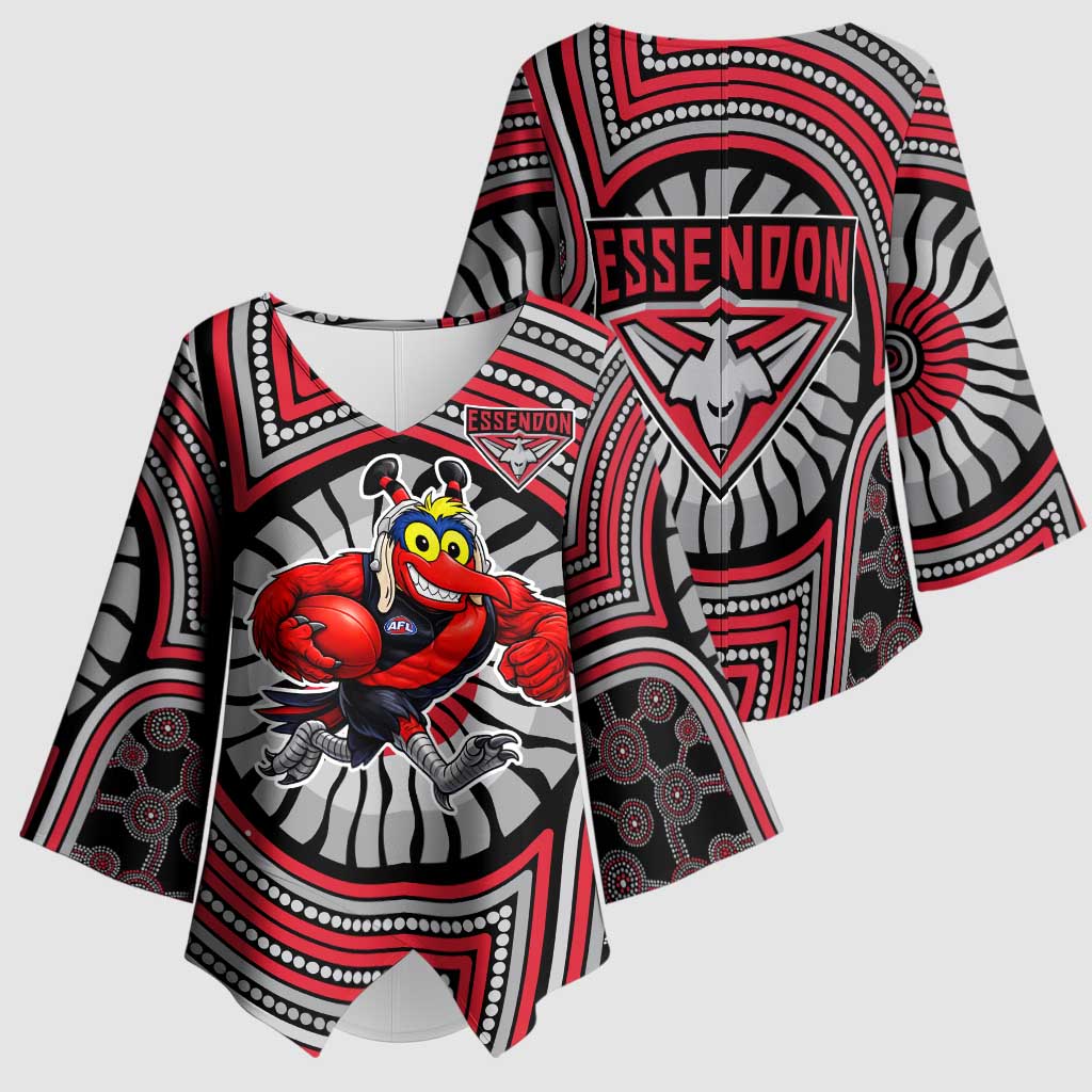 Essendon Football Club Kimono Sleeve Blouse Indigenous Monochrome Dot Art Mascot Style