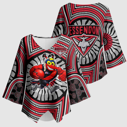Essendon Football Club Kimono Sleeve Blouse Indigenous Monochrome Dot Art Mascot Style