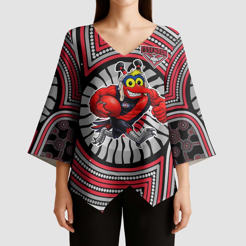 Essendon Football Club Kimono Sleeve Blouse Indigenous Monochrome Dot Art Mascot Style