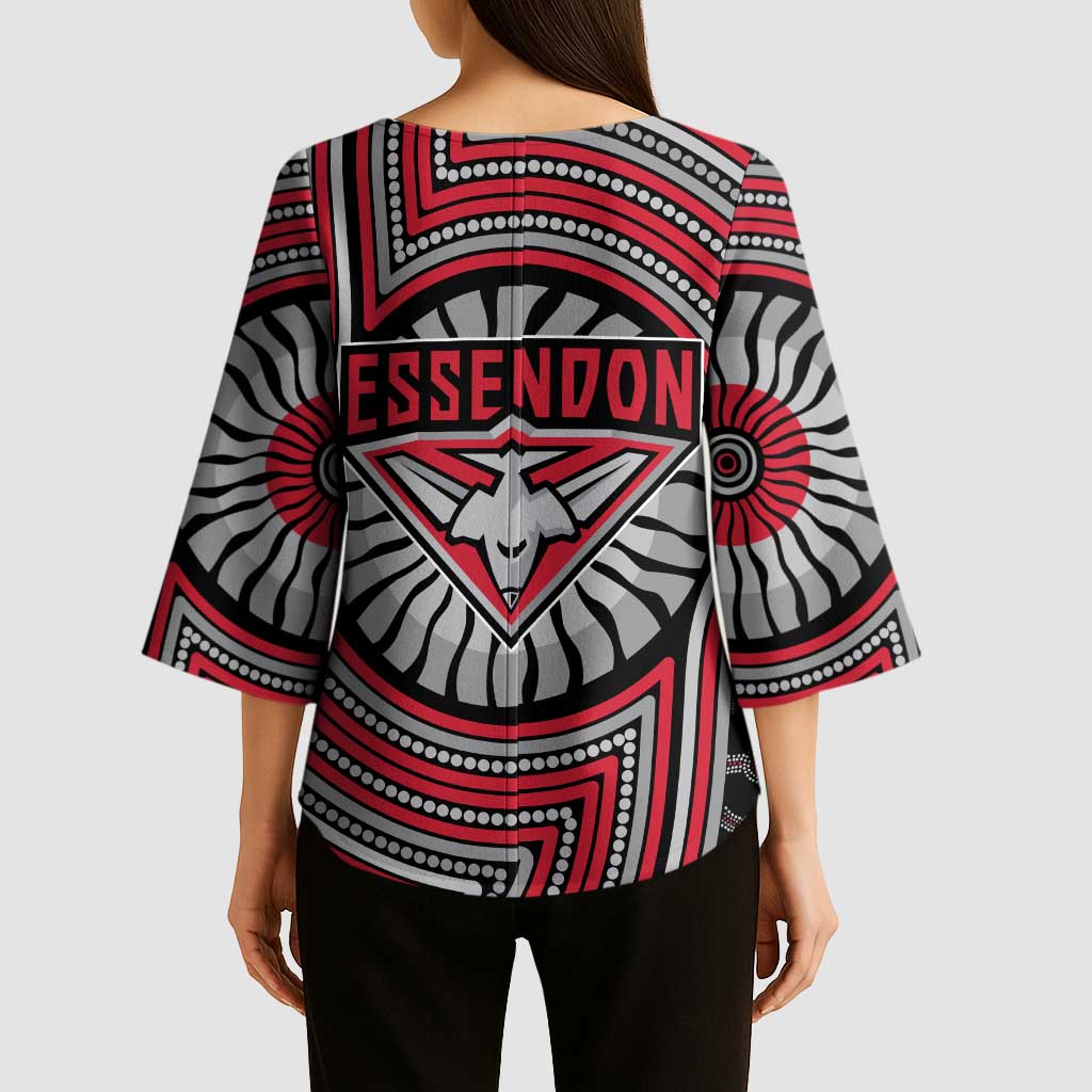 Essendon Football Club Kimono Sleeve Blouse Indigenous Monochrome Dot Art Mascot Style