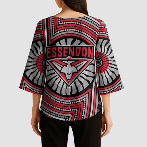 Essendon Football Club Kimono Sleeve Blouse Indigenous Monochrome Dot Art Mascot Style