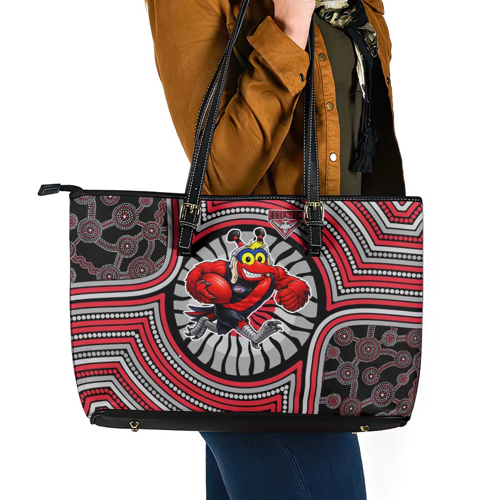 Essendon Football Club Leather Tote Bag Indigenous Monochrome Dot Art Mascot Style