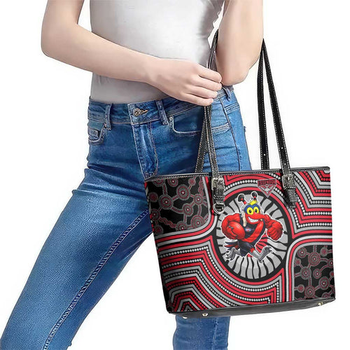 Essendon Football Club Leather Tote Bag Indigenous Monochrome Dot Art Mascot Style