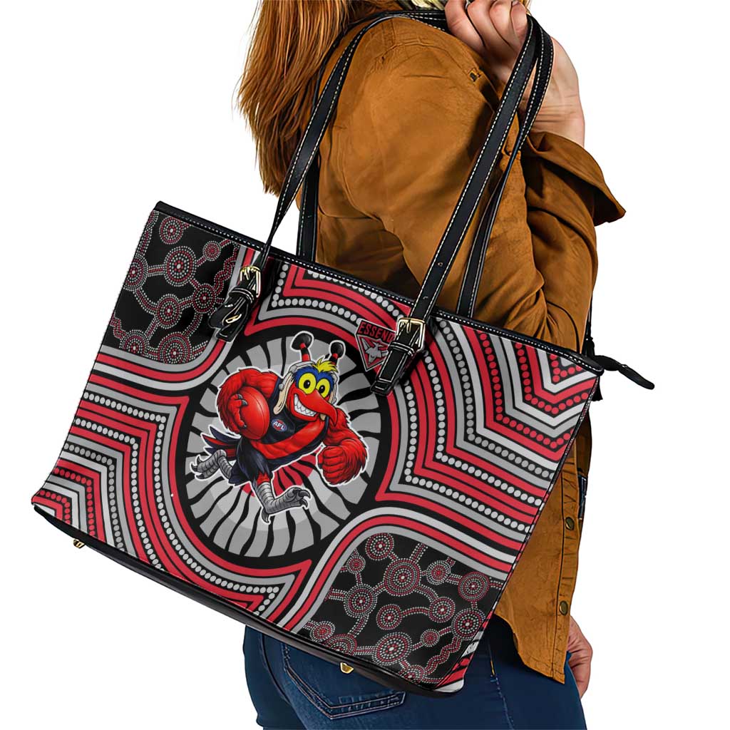 Essendon Football Club Leather Tote Bag Indigenous Monochrome Dot Art Mascot Style