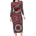 Essendon Football Club Long Sleeve Bodycon Dress Indigenous Monochrome Dot Art Mascot Style