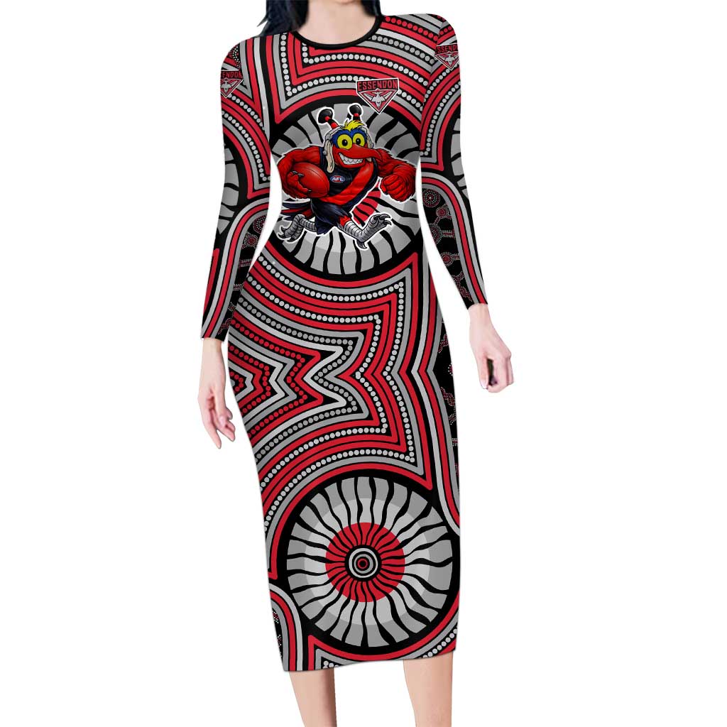 Essendon Football Club Long Sleeve Bodycon Dress Indigenous Monochrome Dot Art Mascot Style