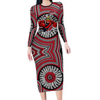 Essendon Football Club Long Sleeve Bodycon Dress Indigenous Monochrome Dot Art Mascot Style