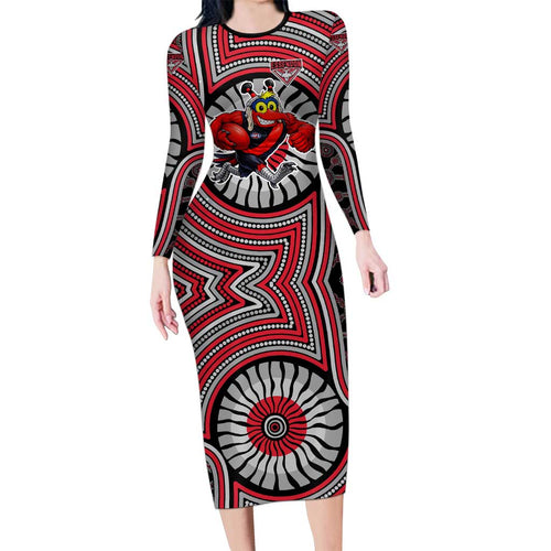 Essendon Football Club Long Sleeve Bodycon Dress Indigenous Monochrome Dot Art Mascot Style