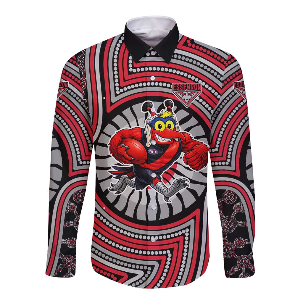 Essendon Football Club Long Sleeve Button Shirt Indigenous Monochrome Dot Art Mascot Style