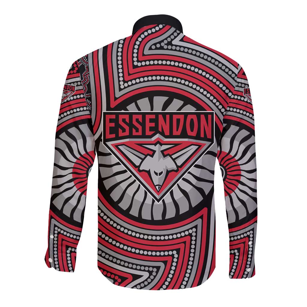 Essendon Football Club Long Sleeve Button Shirt Indigenous Monochrome Dot Art Mascot Style