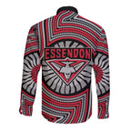 Essendon Football Club Long Sleeve Button Shirt Indigenous Monochrome Dot Art Mascot Style