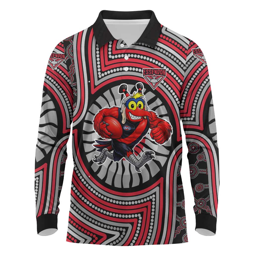 Essendon Football Club Long Sleeve Polo Shirt Indigenous Monochrome Dot Art Mascot Style