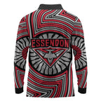 Essendon Football Club Long Sleeve Polo Shirt Indigenous Monochrome Dot Art Mascot Style