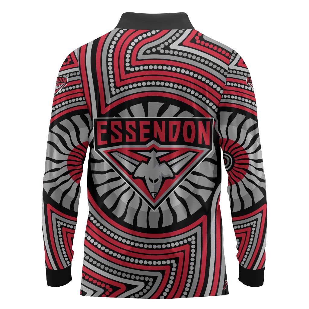 Essendon Football Club Long Sleeve Polo Shirt Indigenous Monochrome Dot Art Mascot Style