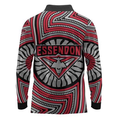 Essendon Football Club Long Sleeve Polo Shirt Indigenous Monochrome Dot Art Mascot Style