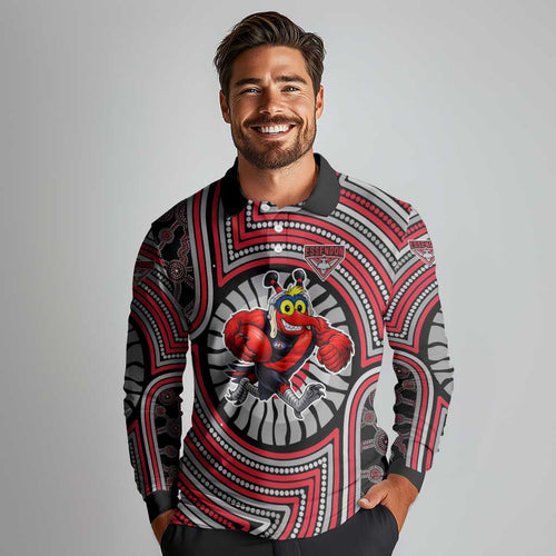 Essendon Football Club Long Sleeve Polo Shirt Indigenous Monochrome Dot Art Mascot Style