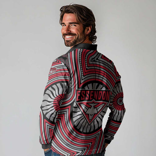 Essendon Football Club Long Sleeve Polo Shirt Indigenous Monochrome Dot Art Mascot Style