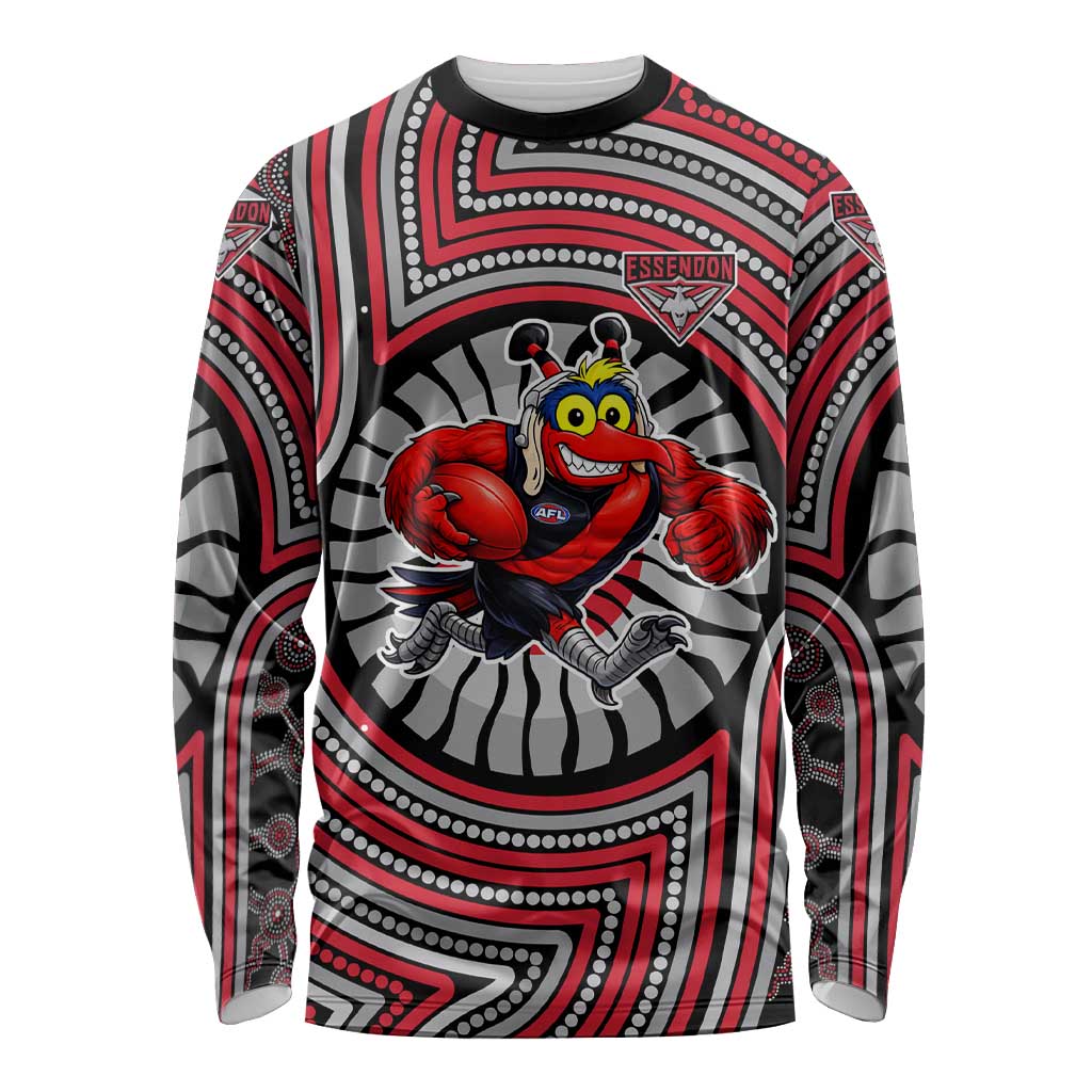 Essendon Football Club Long Sleeve Shirt Indigenous Monochrome Dot Art Mascot Style