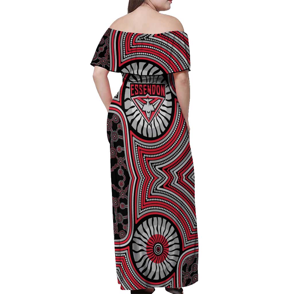 Essendon Football Club Off Shoulder Maxi Dress Indigenous Monochrome Dot Art Mascot Style