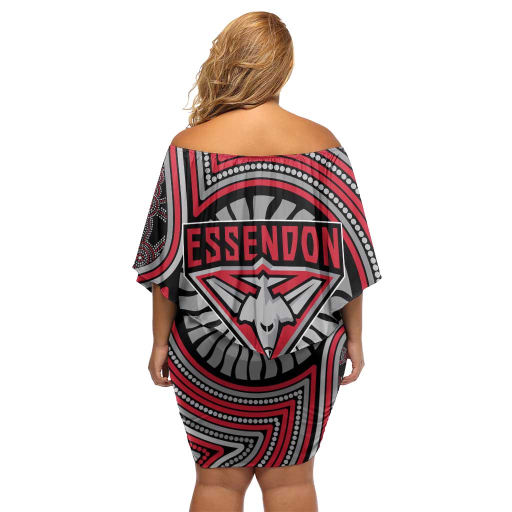 Essendon Football Club Off Shoulder Short Dress Indigenous Monochrome Dot Art Mascot Style