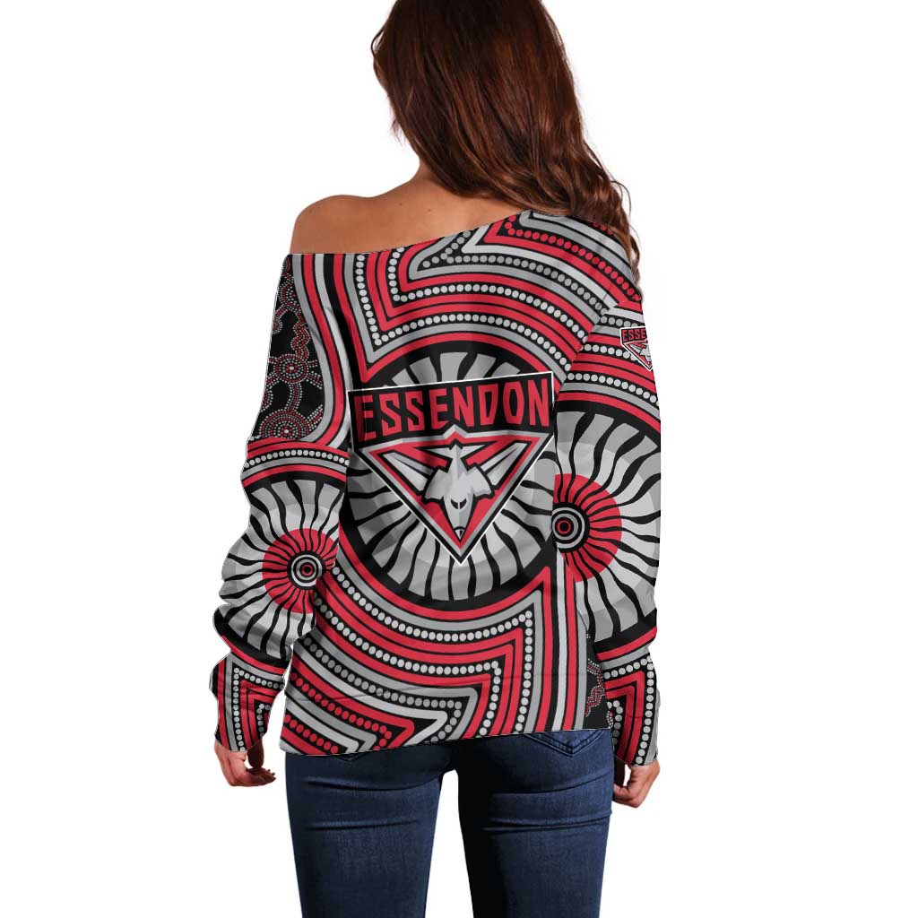 Essendon Football Club Off Shoulder Sweater Indigenous Monochrome Dot Art Mascot Style